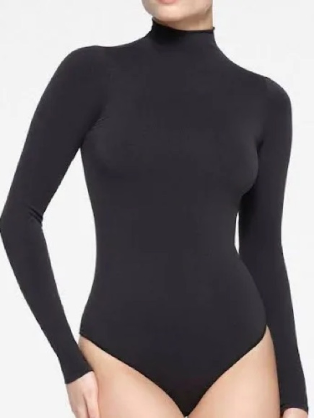 Skims Essential Mock Neck Long Sleeve Bodysuit Snap Closure Onyx Black